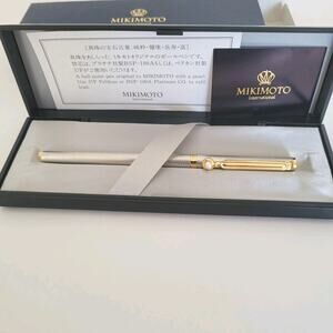 MIKIMOTO Pearl Ballpoint Pen Silver and Gold Designer Working with Box